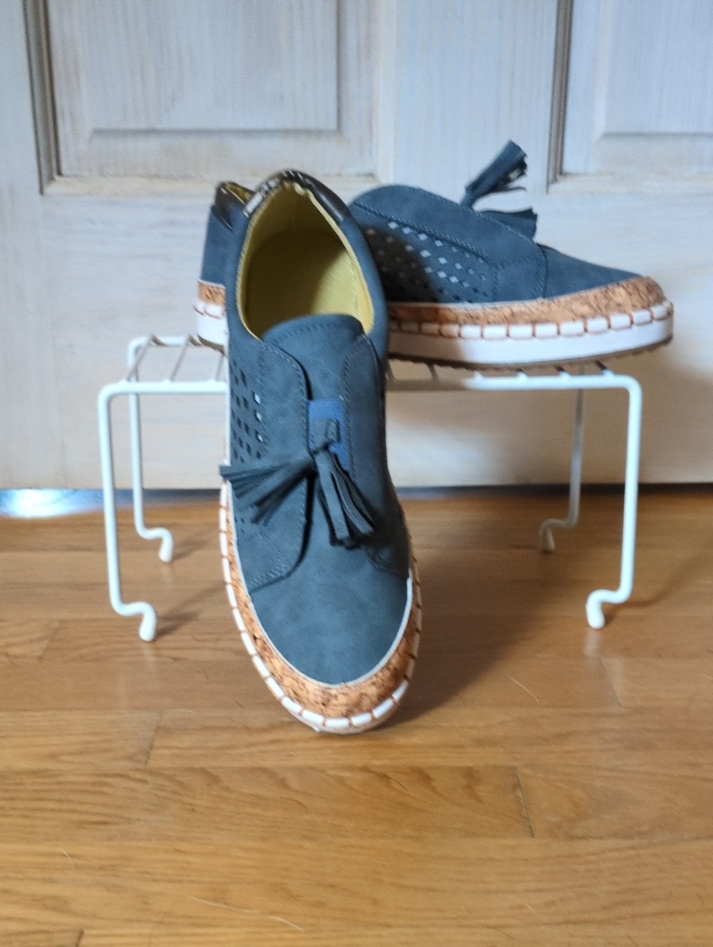 Blue Grey Tassel Slip-On Sneakers with Cork Trim